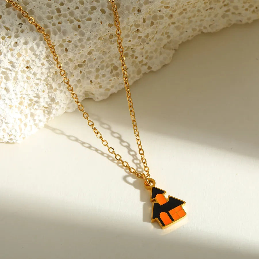 Halloween Series Stainless Steel 18K Gold Plated Drip Oil Hat Bat Pendant Necklace Funny Design Festival Jewelry Accessory