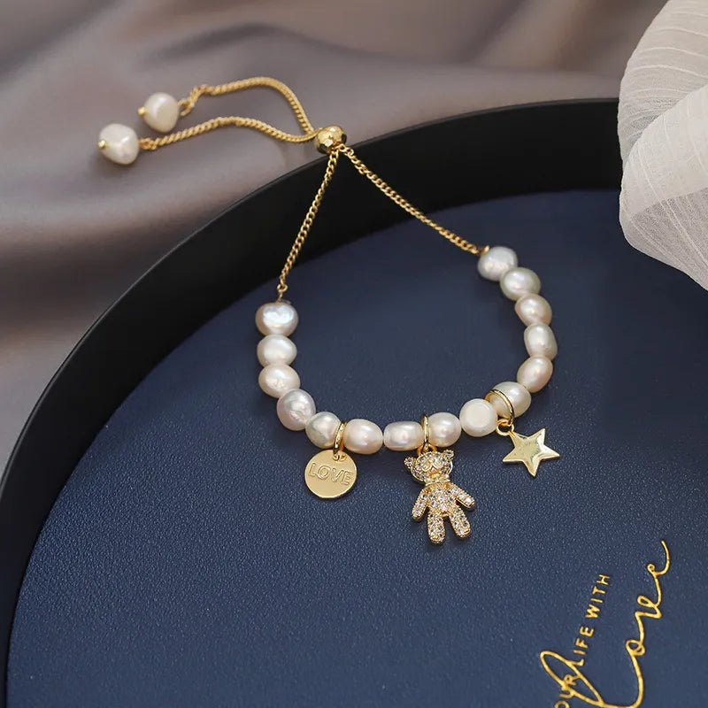 elegant cute lady bear freshwater pearl copper inlay artificial gemstones bracelets
