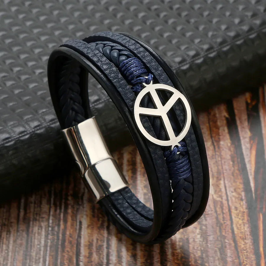 classical simple style roman style solid color stainless steel pu leather handmade men's bracelets