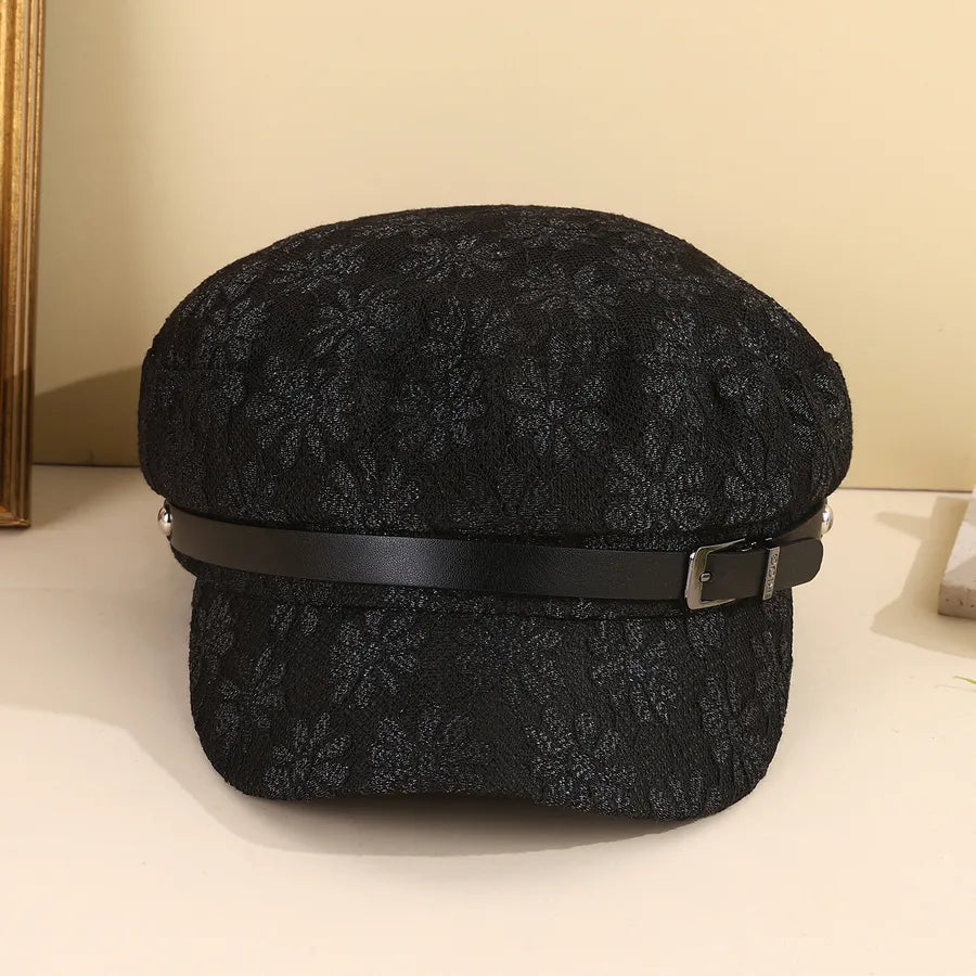 Black White Decorative Thin Mesh Breathable Flower Large Version Face Slimming Fashionable All-Match Flat-Crown Newsboy Cap Practical For Daily Shopping