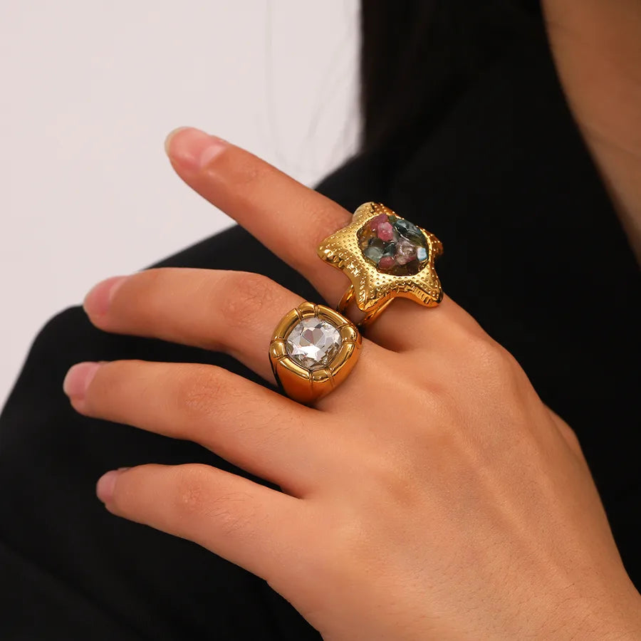 Wholesale Jewelry IG Style Casual Glam Star 304 Stainless Steel Natural Stone 18K Gold Plated Inlay Open Rings