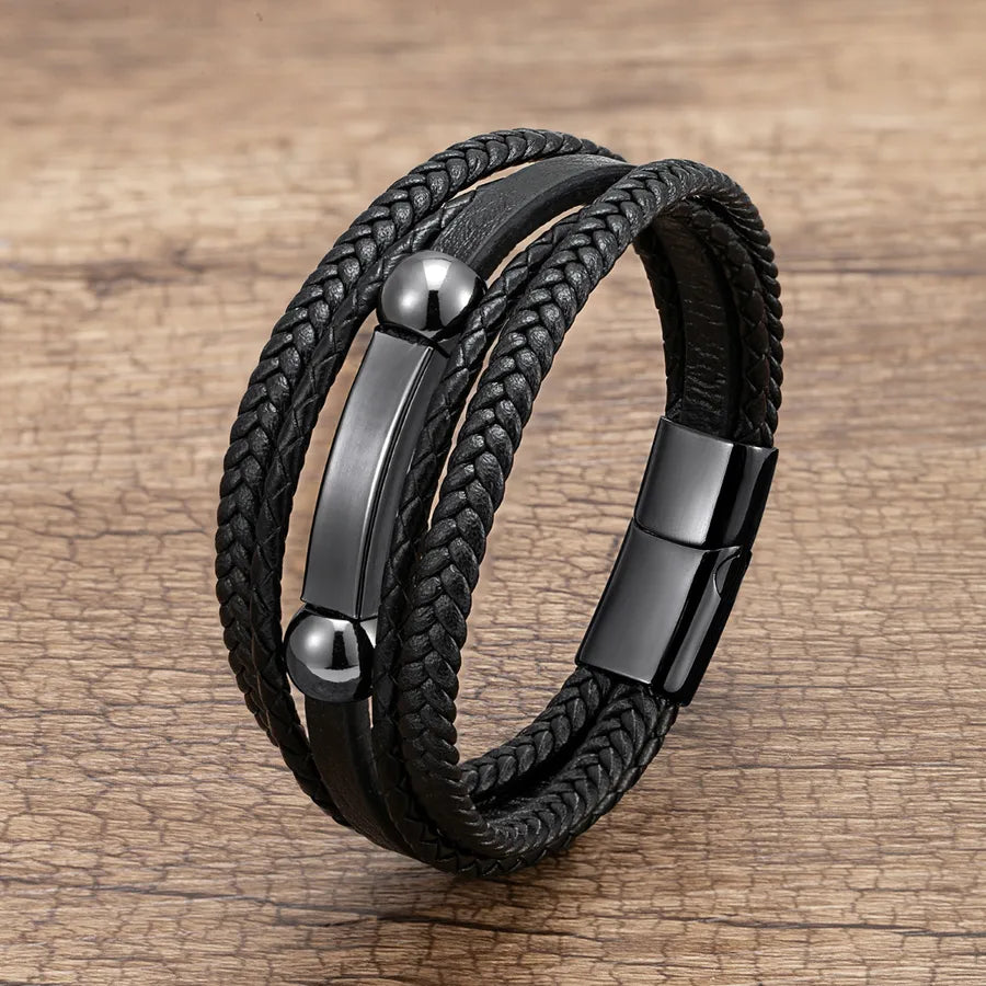 hip-hop punk geometric pu leather metal layered handmade metal button men's bracelets