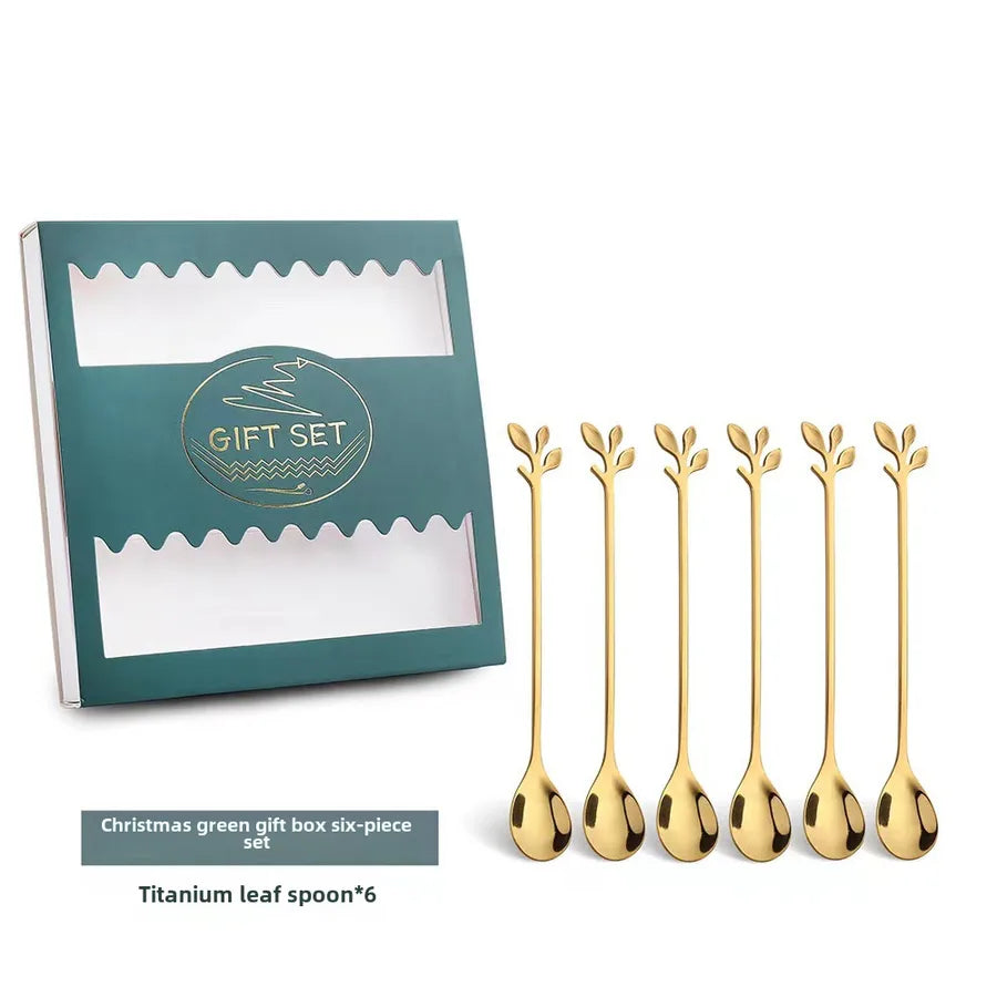 Stainless Steel Leaf Spoon Creative Golden Leaf Coffee Spoon Dessert Spoon Fruit Fork Cake Fork Wholesale Gift Spoon