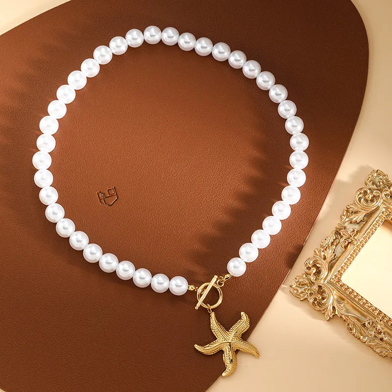 Baroque Style Marine Style Modern Style Starfish Conch Heart Shape Imitation Pearl Titanium Steel Beaded Chain OT Clasp Toggle Clasp Closure Beaded Necklaces Wholesale