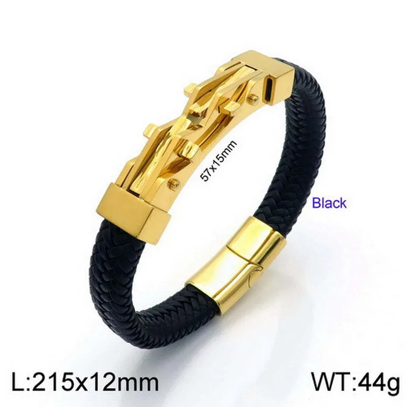 Hip-Hop Retro Geometric Stainless Steel Pu Leather Irregular Plating 18K Gold Plated Men's Bangle