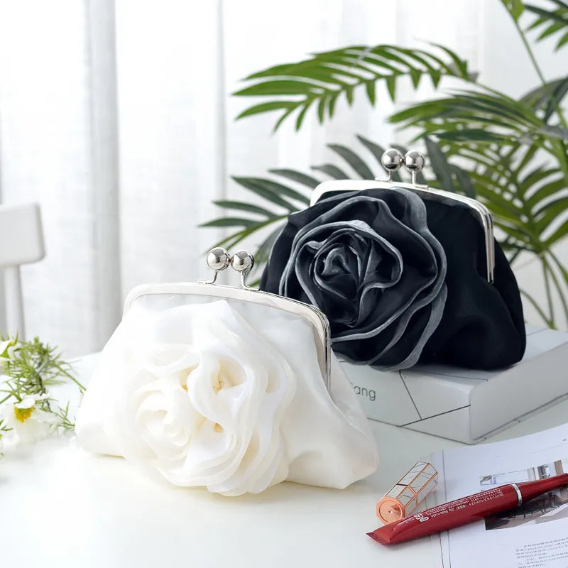 New Fresh Rose Flower Banquet Bag Satchel Crossbody Qipao Bag New Year Handbag Square Silk Surface Chain Bag Sweet Style