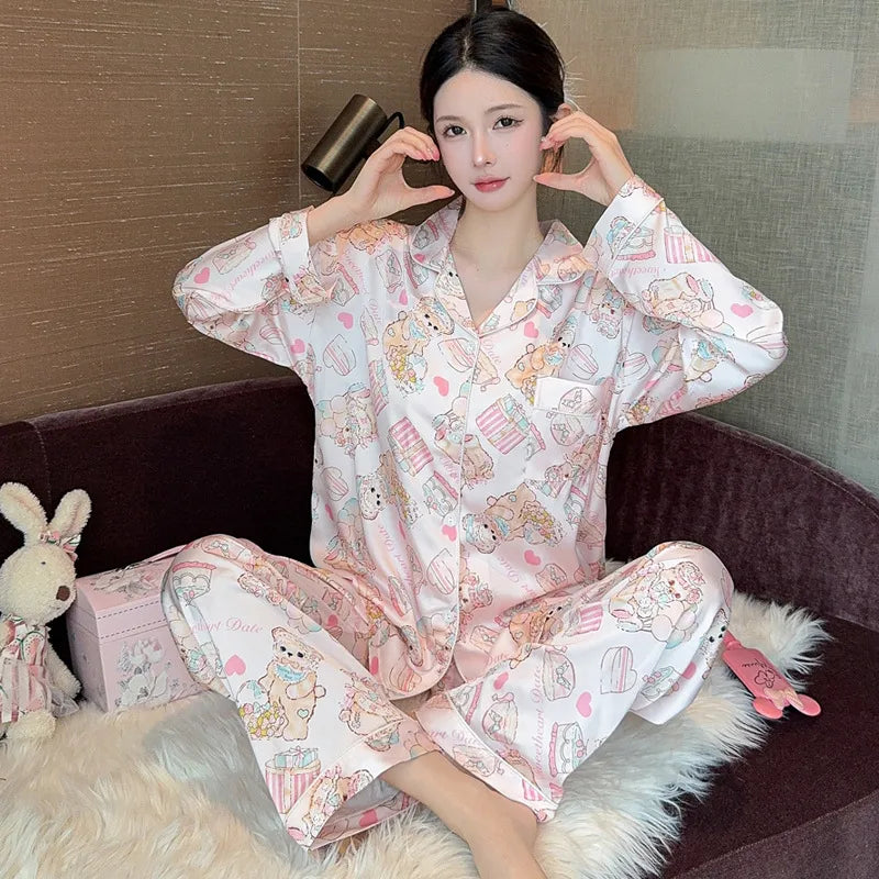 French Anti-Aging Sleepwear Women's Spring Autumn New Simple Polka Dot Long Sleeve Long Pants Ice Silk Home Clothes Fashion Set