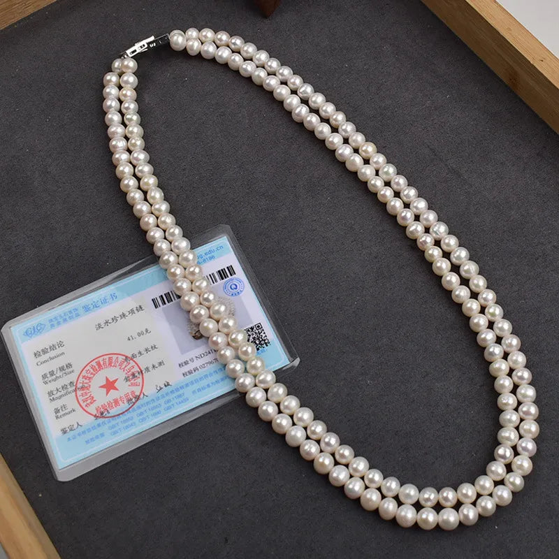 Natural Freshwater Pearl Necklace For Women 6-7m Near Round Vintage Multi-Layer Daily Qipao Elegant Fashion Clavicle Chain Jewelry