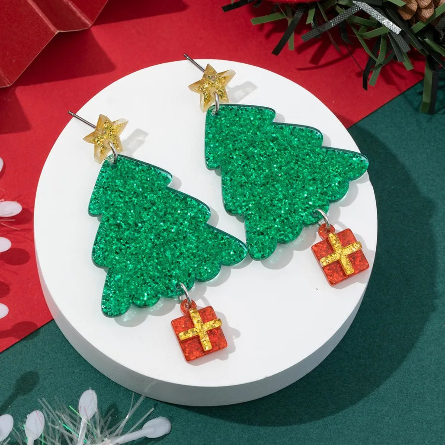 Fashionable Christmas Tree Snowflake Earrings Women's Stylish Christmas Theme Geometric Pattern Asymmetric Handmade Acrylic Jewelry