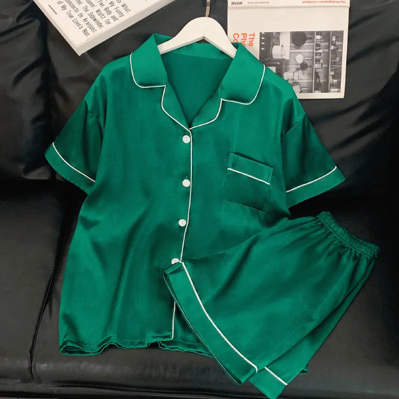 Home Women's Casual Solid Color Satin Shorts Sets Pajama Sets