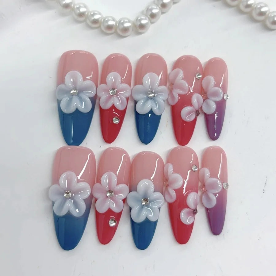 Long Almond Shaped Nail Tips With 3D Floral Carving And Gradient Painting  Style Press On Nails Luxury Trend