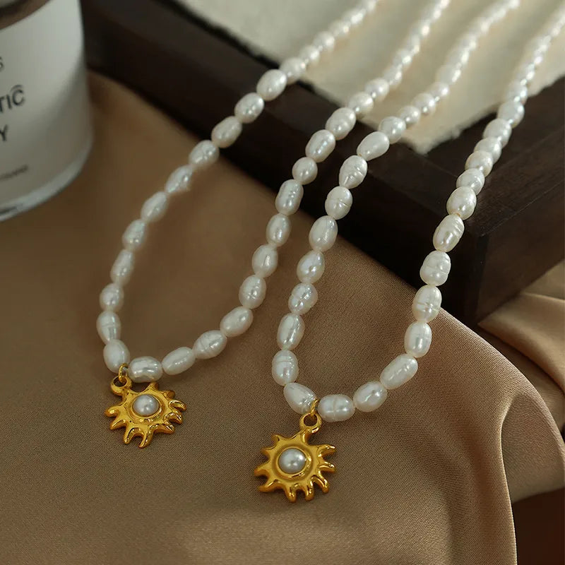 elegant cute sun freshwater pearl titanium steel plating 18k gold plated pendant necklace