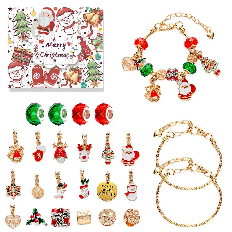 Christmas Countdown 24 Days Blind Box DIY Children's Bracelet Necklace Set Gift Alloy Material Cartoon Style Christmas Socks Bell Pattern