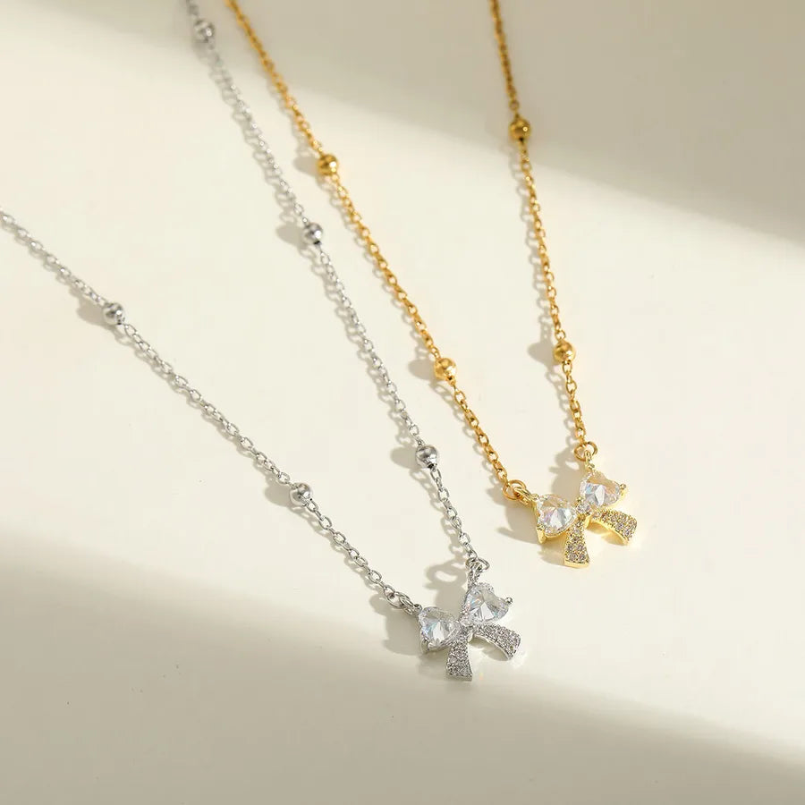 Wholesale Jewelry Cute Lady Romantic Solid Color Bow Knot 304 Stainless Steel Zircon 18K Gold Plated Plating Inlay cable chain Pendant Necklace