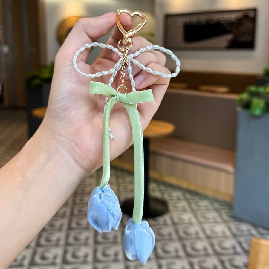 Cute Metal Keychain Pendant Beaded Bookbag Girl's Bag Charm  Style Cartoon Design Half Handmade Flower