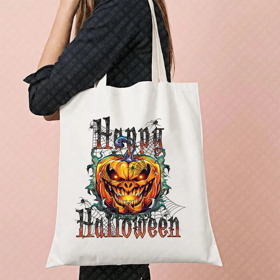 Ghost Pattern Halloween Outdoor Shopping Bag Cute Ghost Design Canvas Tote Bag For Ladies Retro Fashion Printed Large Size