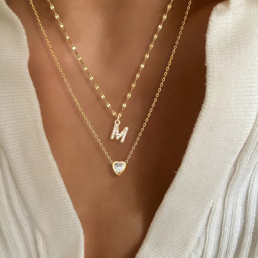 Wholesale Jewelry Elegant Simple Style Letter Heart Shape 201 Stainless Steel Artificial Crystal Copper Lip chain cable chain Pendant Necklace