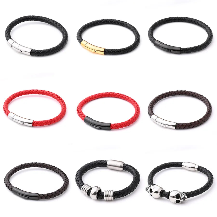 Casual Vacation Streetwear Simple Skull 18K Gold Plated 304 Stainless Steel Genuine Cowhide Polishing Plating Braid Halloween Men's wristband
