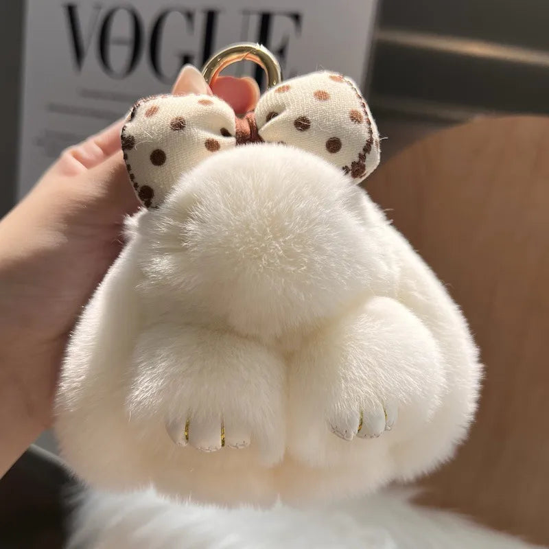 Cute real Rex rabbit fur bow rabbit car key chain pendant plush doll schoolbag bag hanging ornaments wholesale