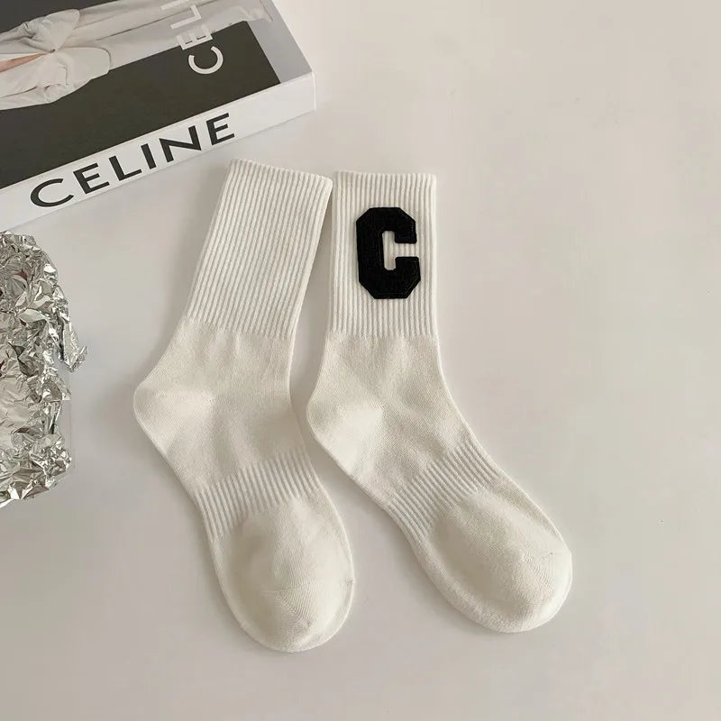 women's casual letter solid color cotton crew socks a pair