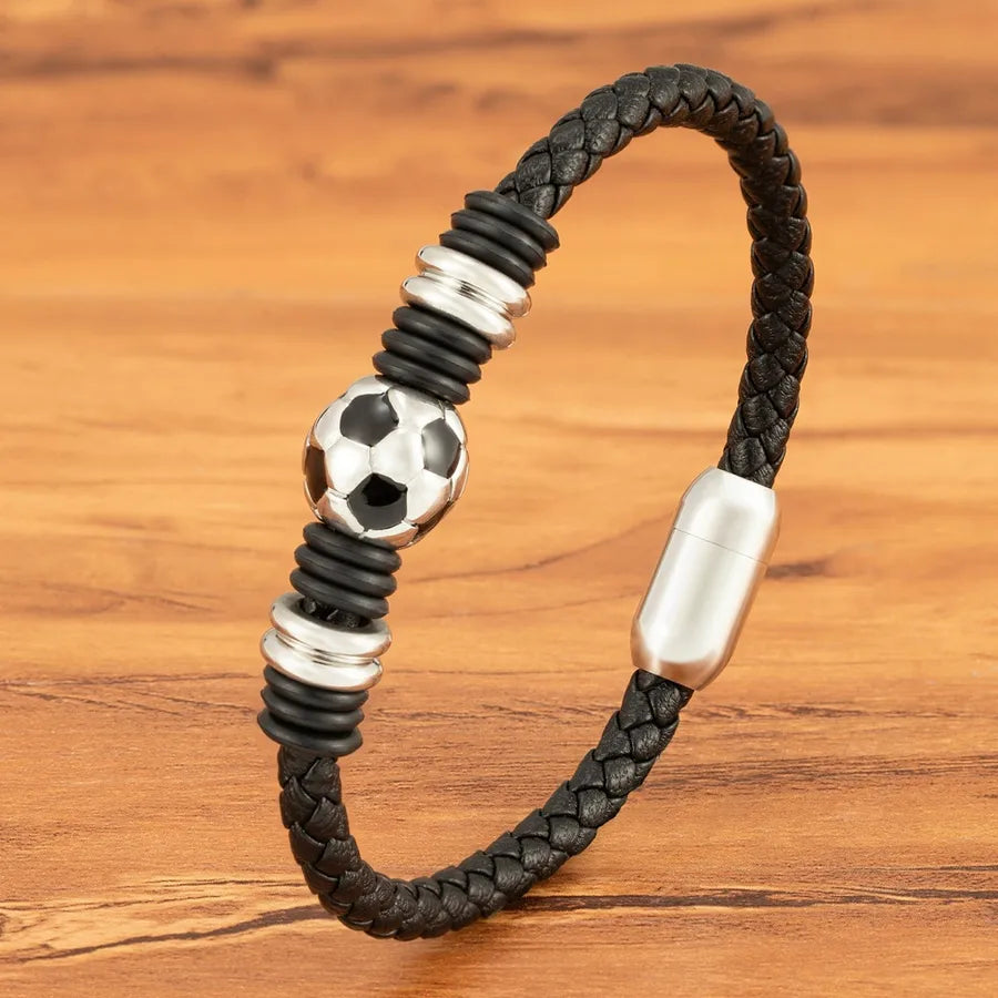Vintage Style Football Pu Leather Titanium Steel Wrap Bracelets Wholesale
