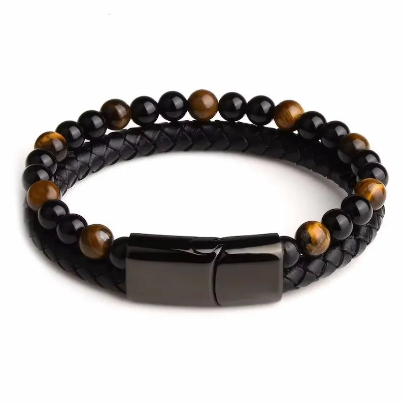 fashion round alloy natural stone beaded braid men's bracelets