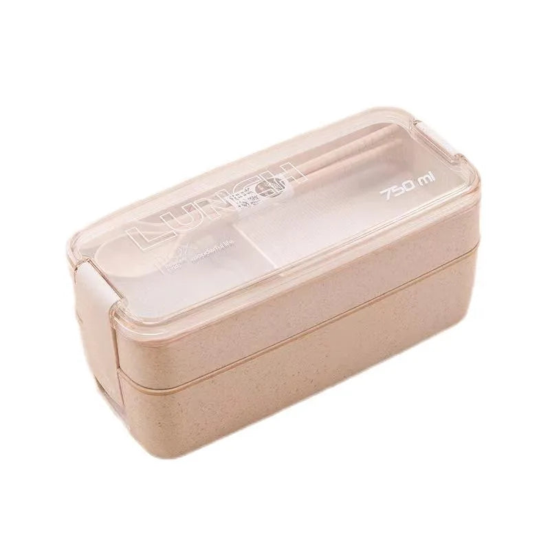 Square three-layer wheat straw fiber plastic lunch box student adult lunch box with tableware can be customized logo