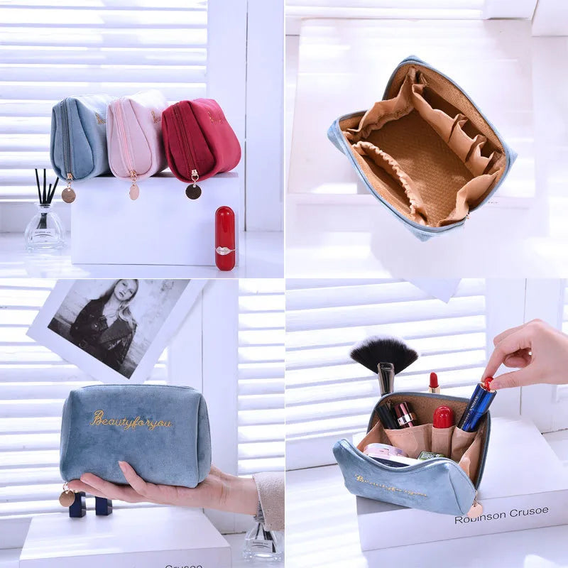 velvet zipper double layer large capacity cosmetic storage bag