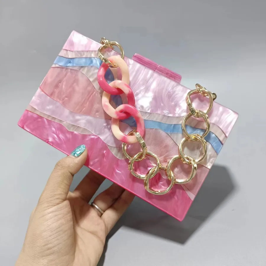 Green Pink Sky Blue Arylic Color Block Square Evening Bags