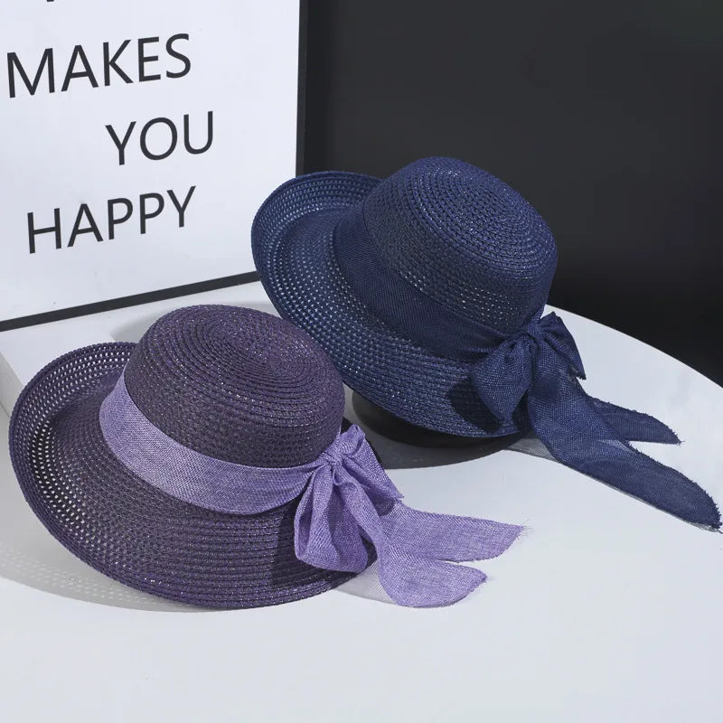 women's vintage style bow knot hollow out crimping straw hat