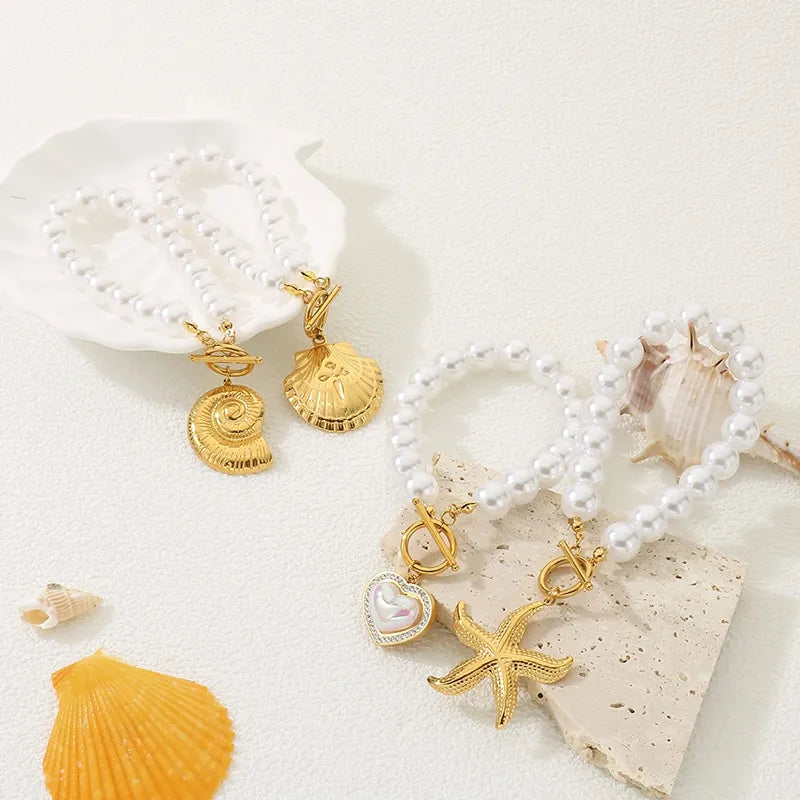 Beach Sweet New Style Starfish Conch Heart Shape 304 Stainless Steel 18K Gold Plated Beaded Chain Bracelets In Bulk