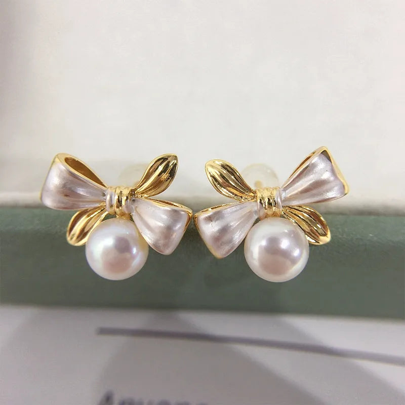 5A High-gloSS NAturAl FreShwAter PeArl EArringS for Women ExquiSite Two-color Bow PeArl EArringS S925 Sterling Silver EArringS