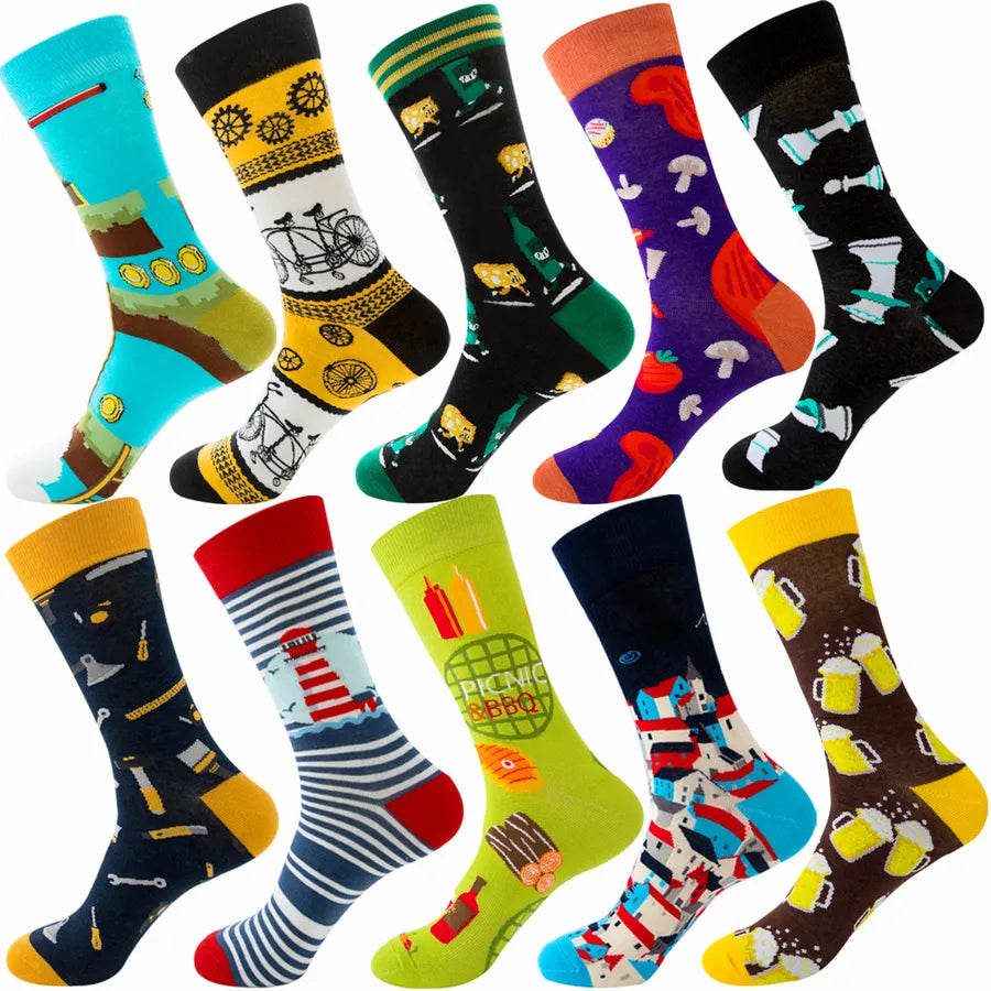 Men's Modern Style Classic Style Color Block Stripe Fruit Cotton Crew Socks A Set of 10 Pairs
