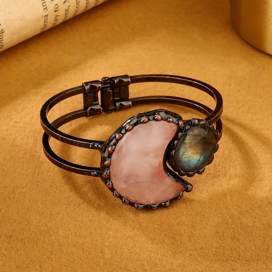 Vintage Style Baroque Style Irregular Crystal Labradorite Rose Quartz Copper Wholesale Bangle