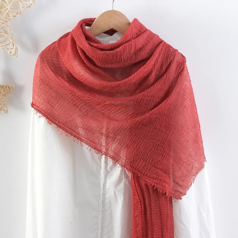Hot selling solid color pleated cotton and linen scarf  women's bag headscarf crumpled hair fringe bubble scarf women's scarf cover head