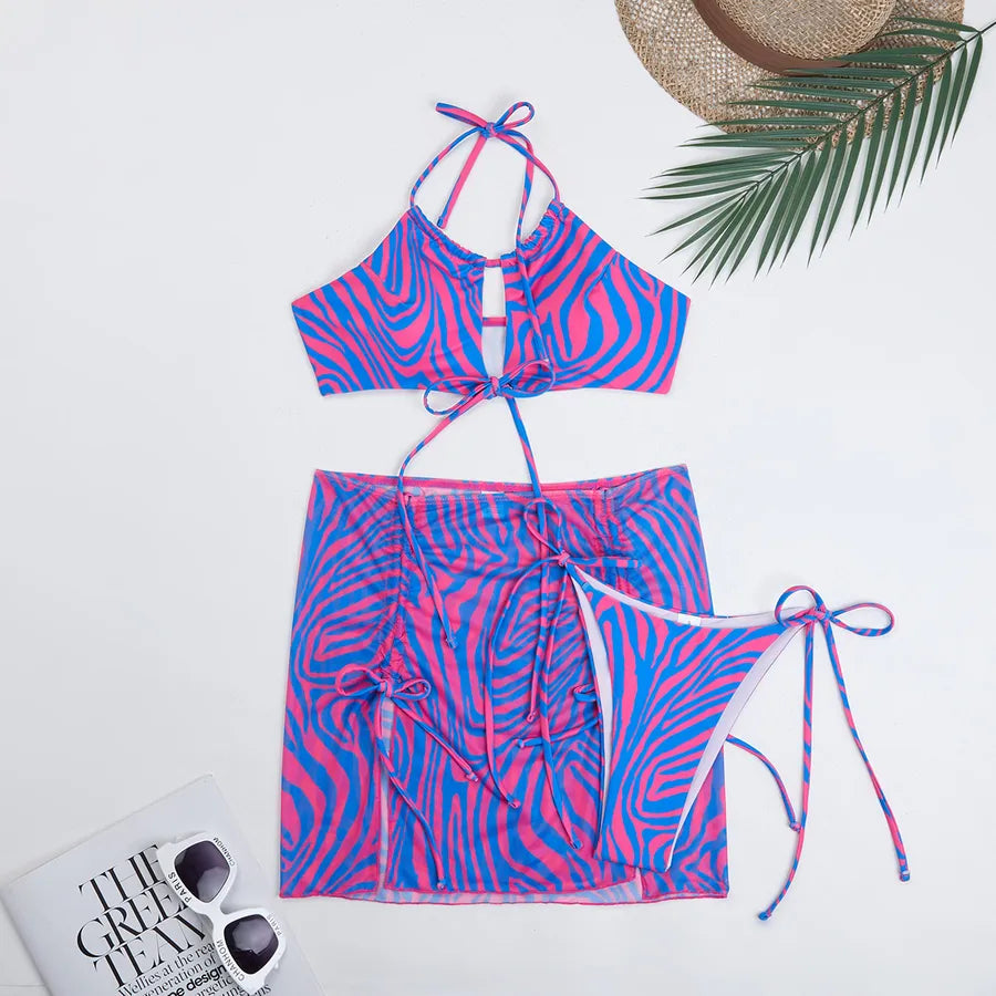 Women's Stripe Gradient Color 3 Pieces Set Bikinis Swimwear