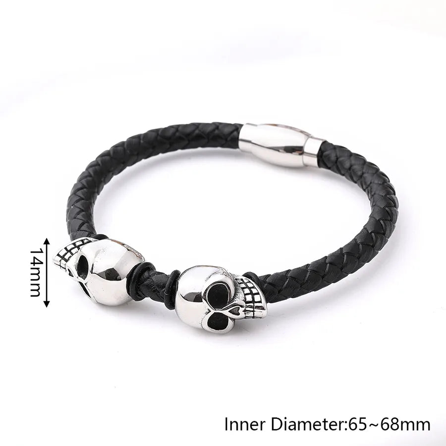 Casual Vacation Streetwear Simple Skull 18K Gold Plated 304 Stainless Steel Genuine Cowhide Polishing Plating Braid Halloween Men's wristband