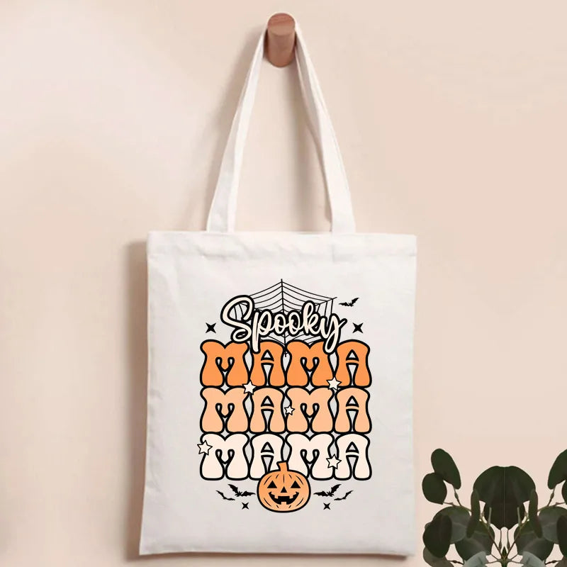 Halloween Women's Canvas Pumpkin Letter Cute Square Open Canvas Bag
