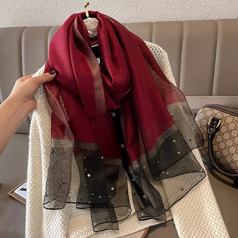 women's simple style color block satin pearl silk scarf