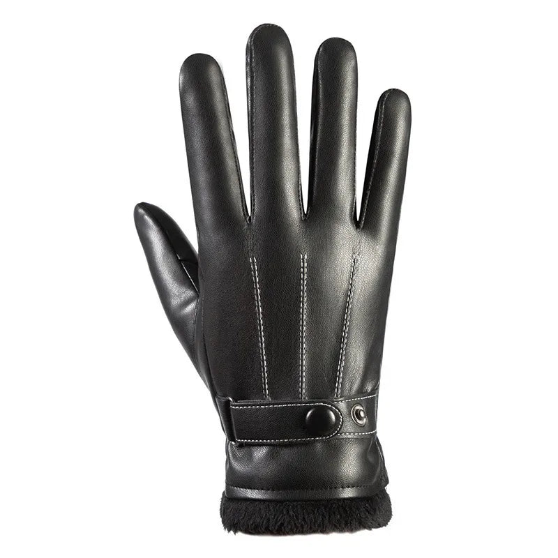 Autumn and winter men's leather gloves PU touch screen gloves fleece-lined warm warm cold driving full finger outdoor riding gloves
