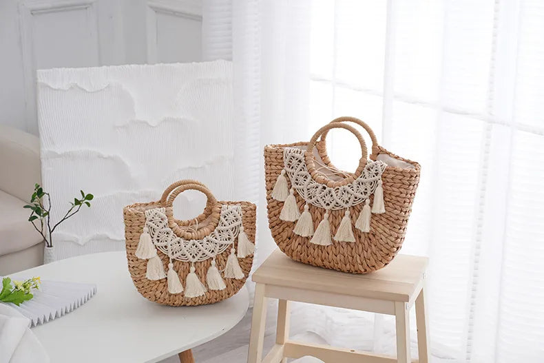 Women's Medium Aquatic Plants Solid Color Elegant Streetwear Straw Square Open Handbag