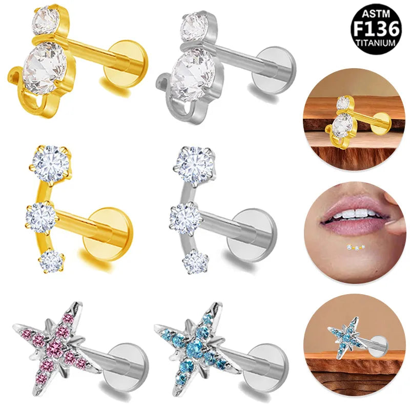 1 Piece Lip Rings Simple Style Shiny Animal Star Titanium Alloy Plating Inlay Zircon 14K Gold Plated White Gold Plated Lip Rings Ear Cartilage Rings & Studs