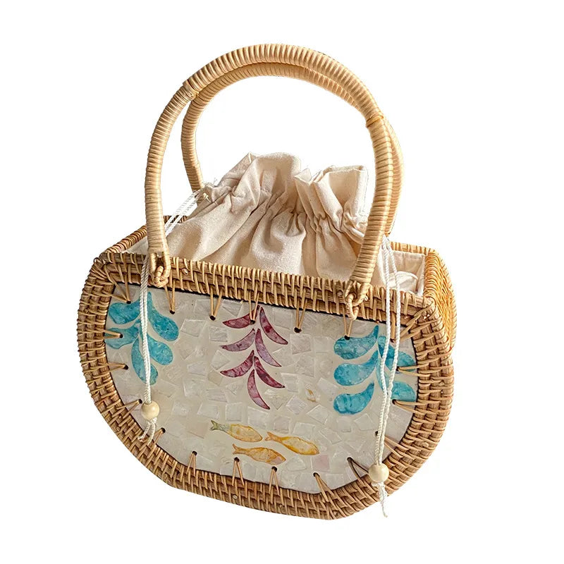 Nordic style handmade basket shell Rattan woven storage picnic travel basket handmade woven handbag