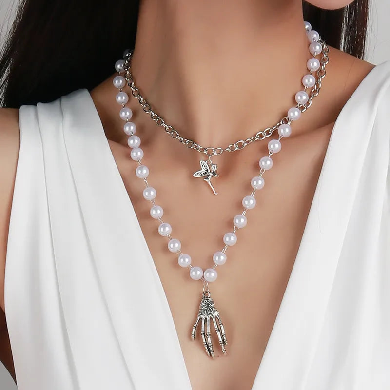 Vacation Classic Style Round Imitation Pearl Zinc alloy Beaded Chain Beaded Necklaces Wholesale
