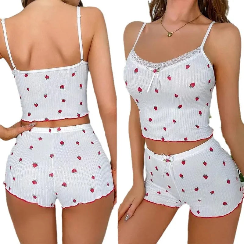New Butterfly Knot Strap Shorts Set Women's Strawberry Print Lace Trim Two-Piece Polyester Milk Silk Home Wear Sleepwear