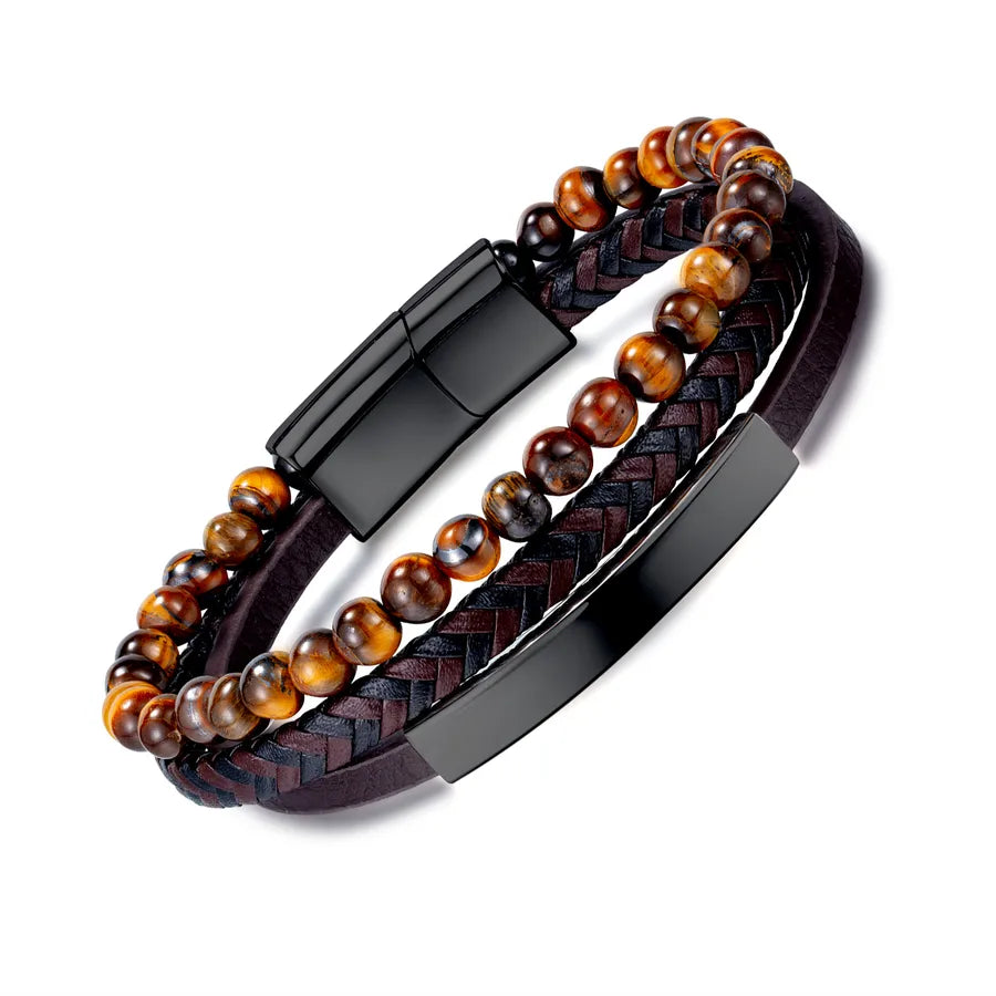 Hip-Hop Vintage Style Round Stainless Steel Pu Leather Tiger Eye Beaded Artificial Leather Men'S Bracelets