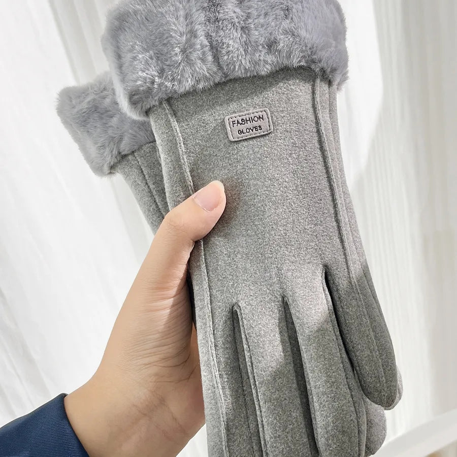 Gloves Women's Winter Velvet Thickened Warm  Cute Touch Screen De Velvet Fall/Winter Electric Car Cold-proof Riding Gloves