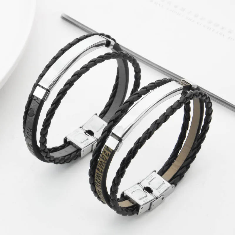 Retro Classic Style Customization Laser Engraving Pu Leather Titanium Steel Polishing Men's Bracelets Men Cord & Leather Bracelets
