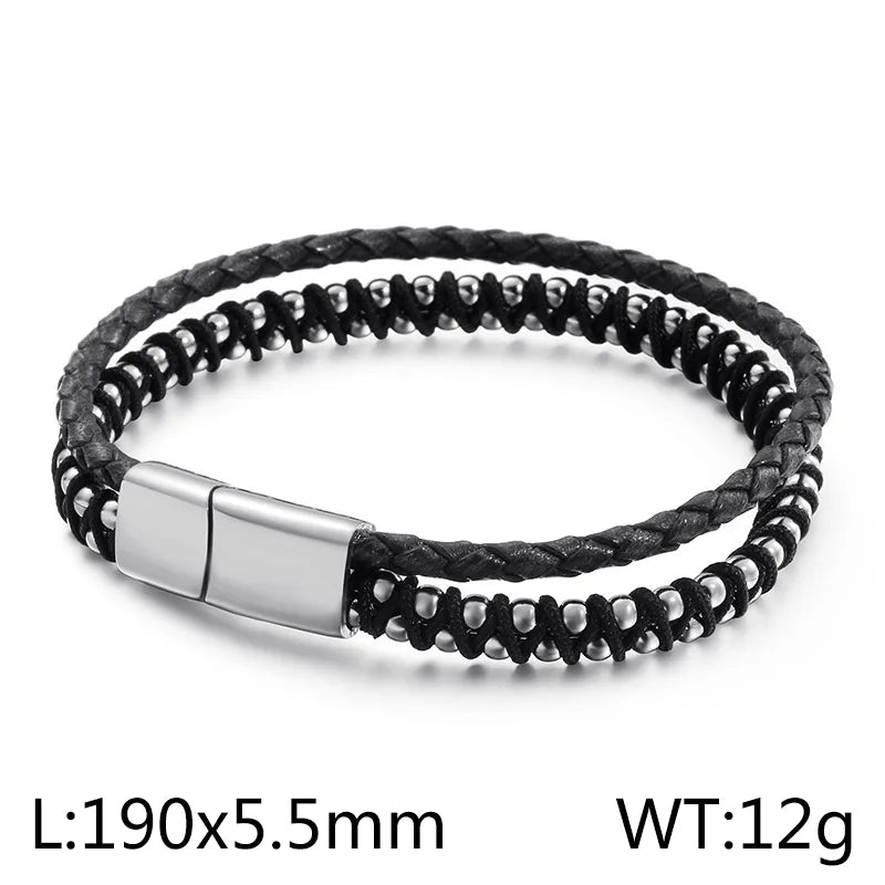 Retro Color Block Pu Leather Titanium Steel Plating Men's Bracelets