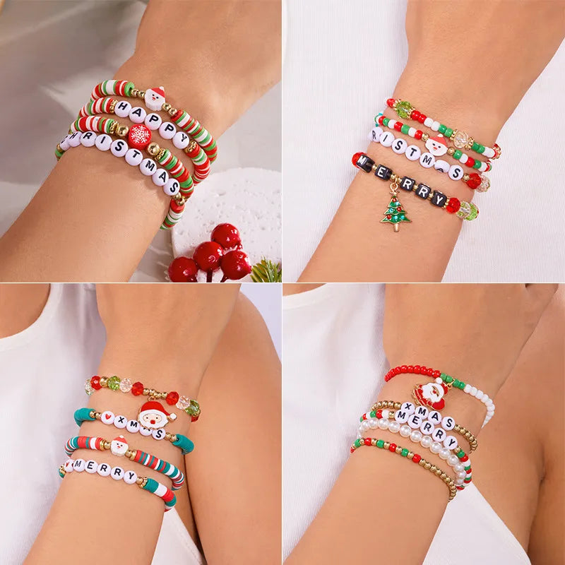 Handmade Christmas Themed Beaded Bracelet Set For Women Soft Clay Snowflake Letter Bracelets  Style